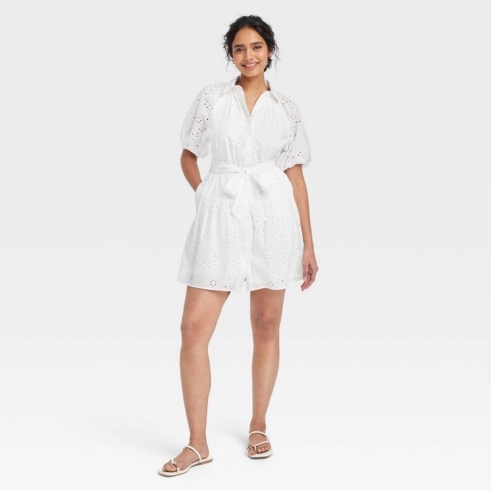 EUC- A New Day Cotton Eyelet Button Front Shirtdress w/POCKETS